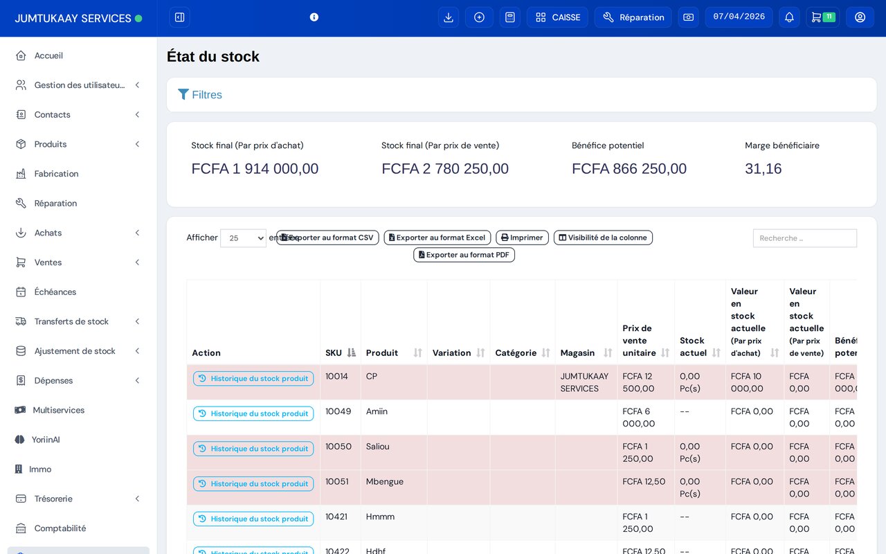 État du stock YoriinApp — valeur, marge et suivi produit
